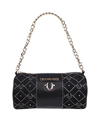 True Religion Studded Denim Zip Top Barrel Bag