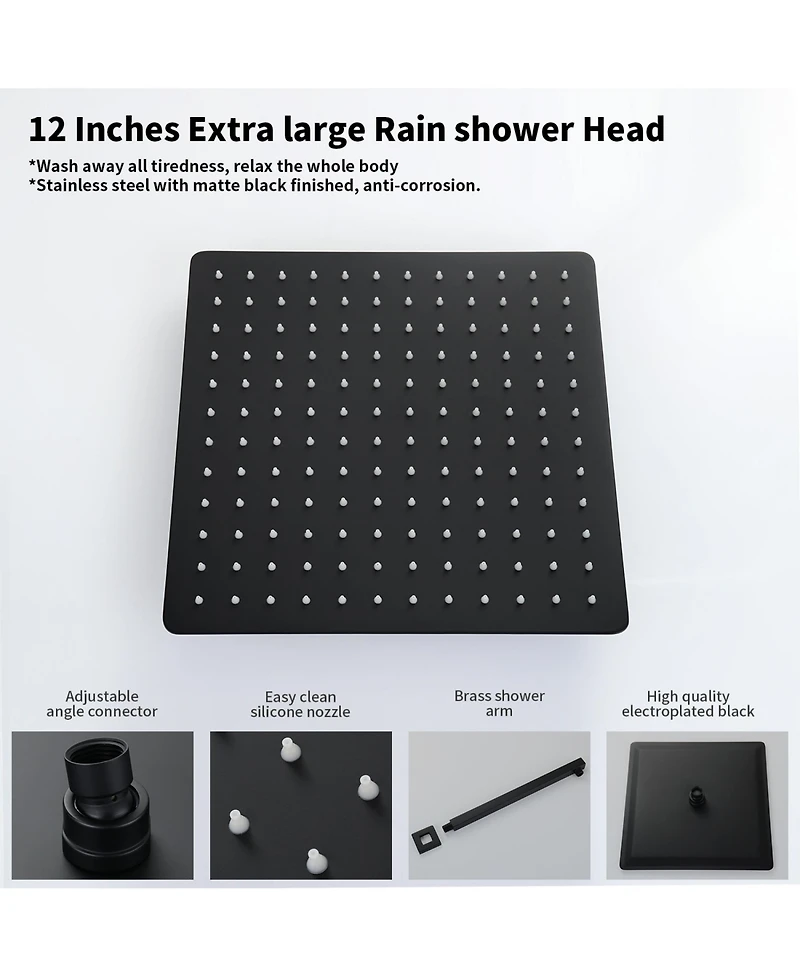 Rainsken Male Npt Bathtub Shower Faucet Set, Waterfall Tub Faucet with 12-Inch Matte Black Rain Shower Head System