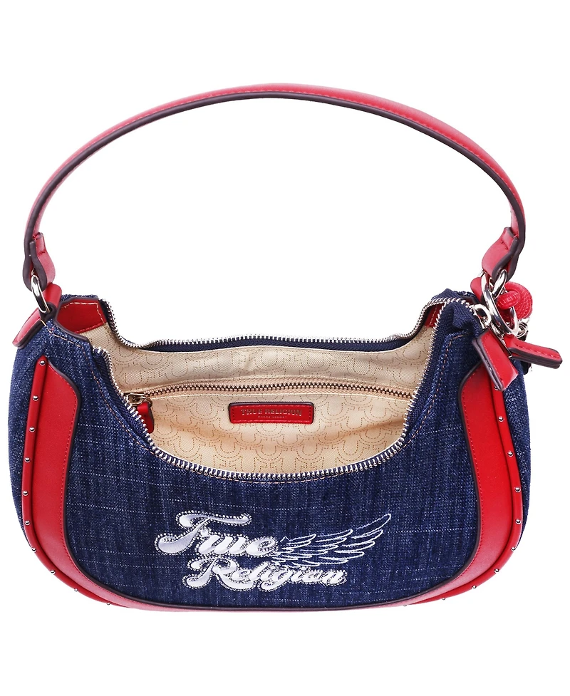 True Religion Wing Motif Denim Hobo Bag with Red Trim