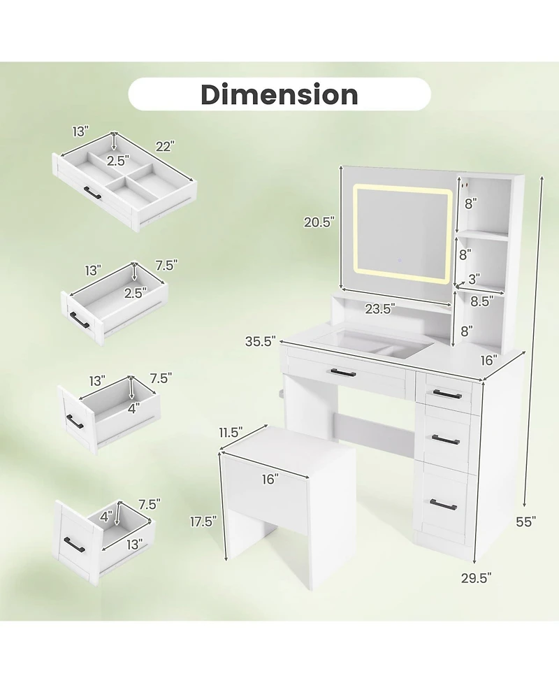 Dressing Desk with 3 Color Lighting and Hair Dryer Stand