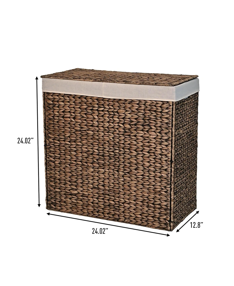 Sawyer 24" Classic Farmhouse Hand-Woven Hyacinth 2-Section Collapsible Laundry Hamper with Washable Liner