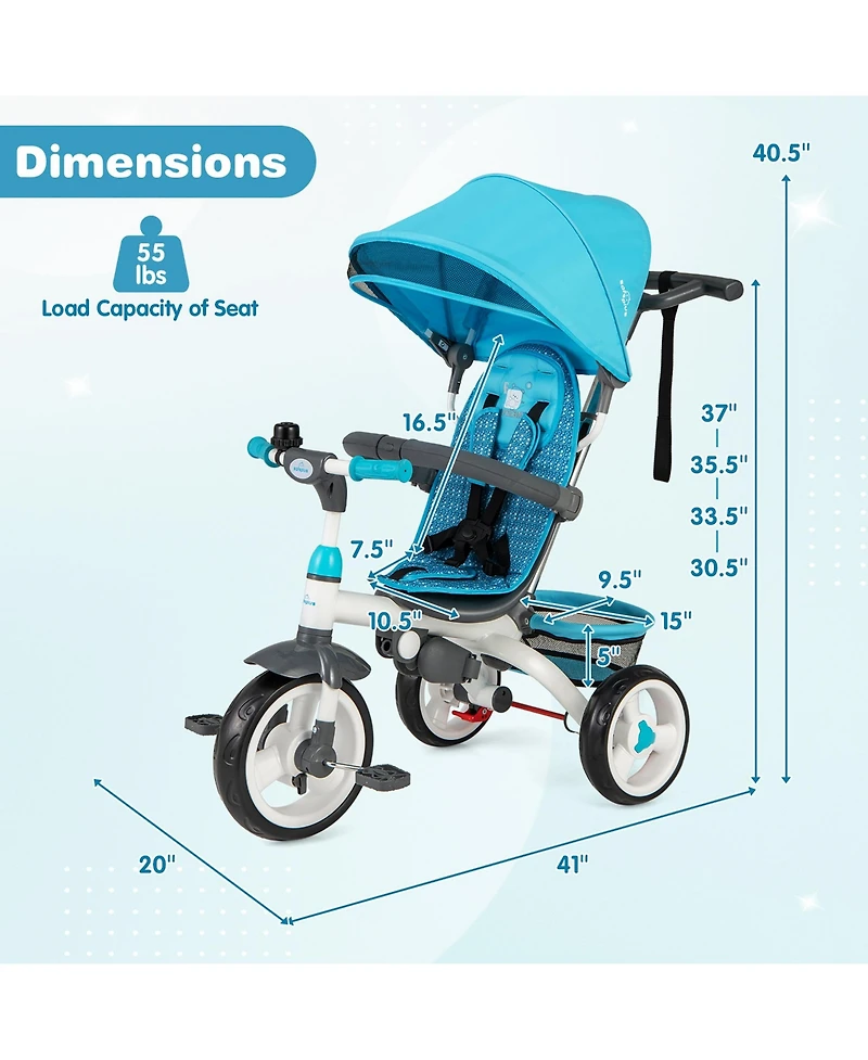 Gymax Toddler Tricycle Stroller 6-in-1 Push Trike w/ Removable 5-Position Canopy