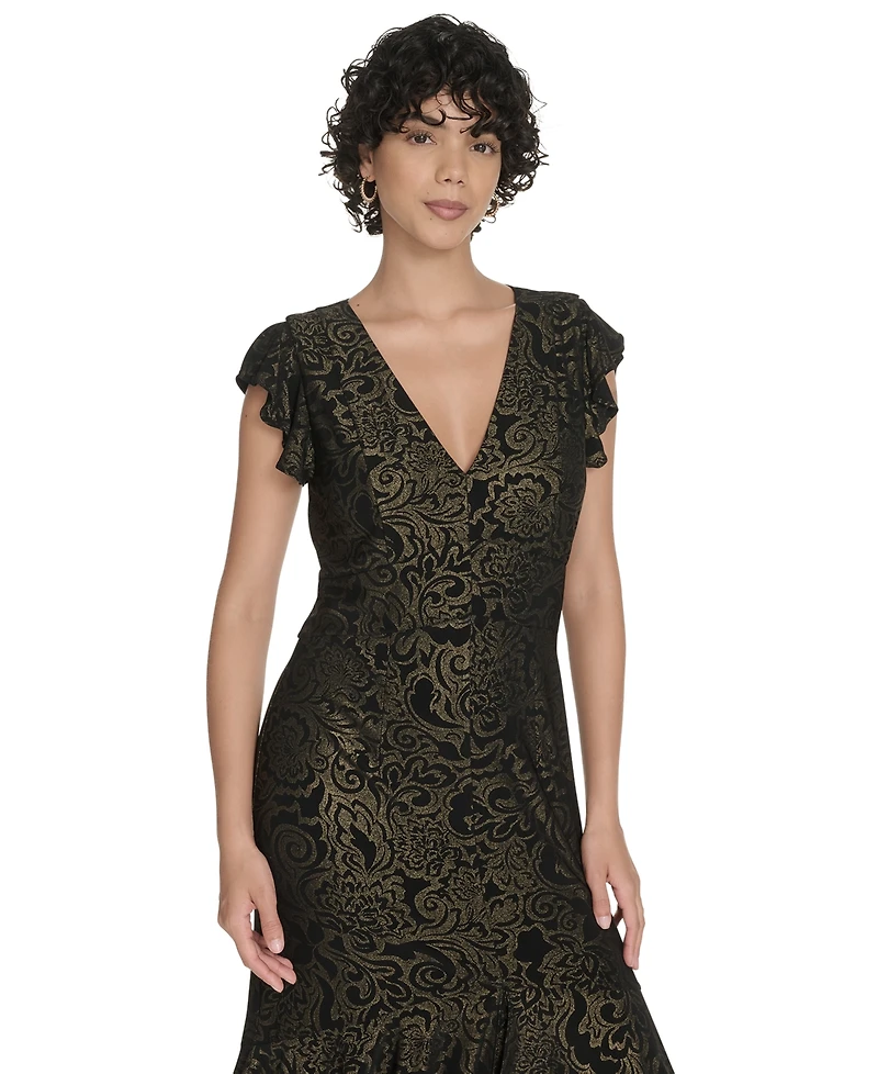 Tommy Hilfiger Petite Flutter Sleeve Foil Midi Dress