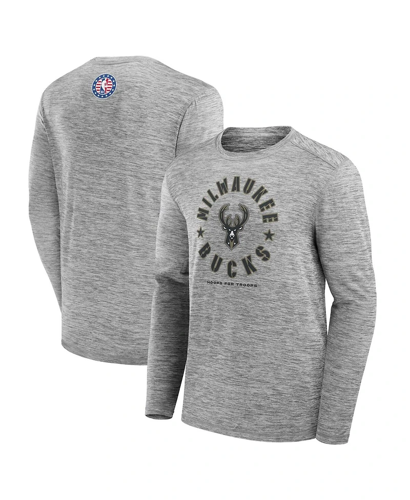 Fanatics Men's Heather Gray Milwaukee Bucks Nba Hoops for Troops Long Sleeve T-Shirt
