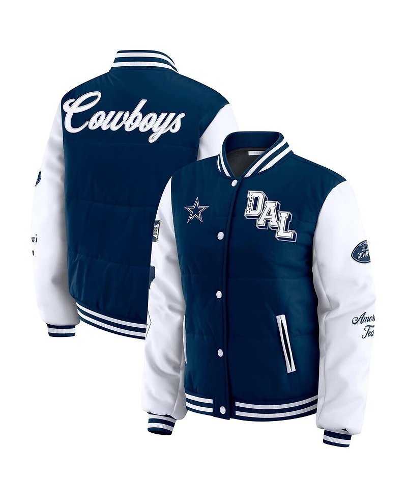 Wear by Erin Andrews Women's Navy Dallas Cowboys Varsity Full-Snap Puffer Jacket