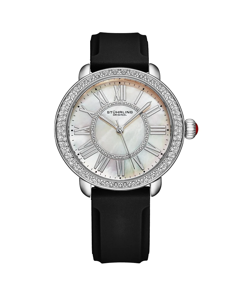 Stuhrling Elegant Women s 40mm Dress Watch – Model 4068, Black Satin Leather Band, Crystal Accents