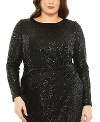 Mac Duggal Women's Plus Size Long Sleeve Sequin Gathered Waist Dress