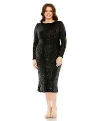 Mac Duggal Women's Plus Size Long Sleeve Sequin Gathered Waist Dress