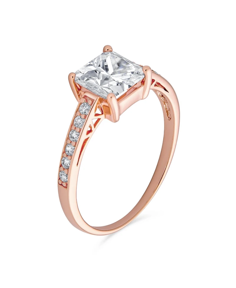 Bling Jewelry Classic 2.5CT Princess Cut Cz Solitaire Promise Ring with Pave Side Stones Rose Gold Plated Sterling Silver