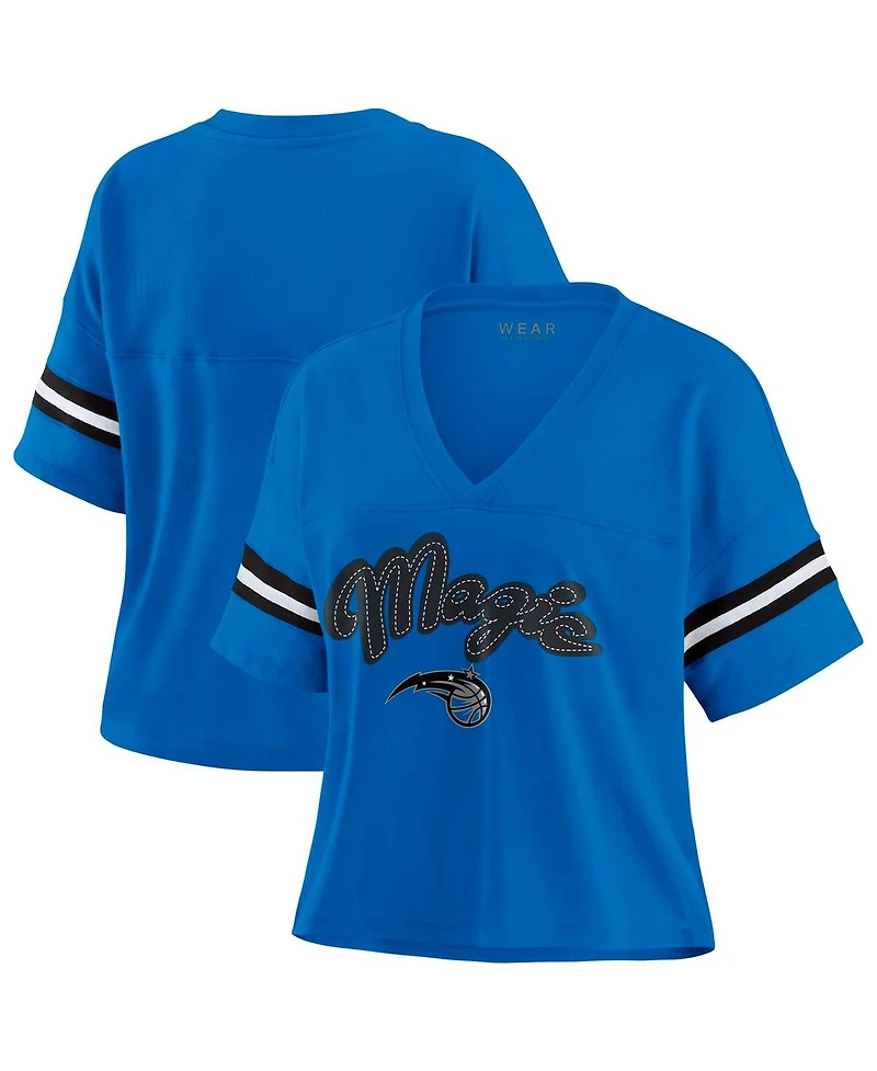 Wear by Erin Andrews Women's Blue Orlando Magic Color Block Boxy V-Neck T-Shirt