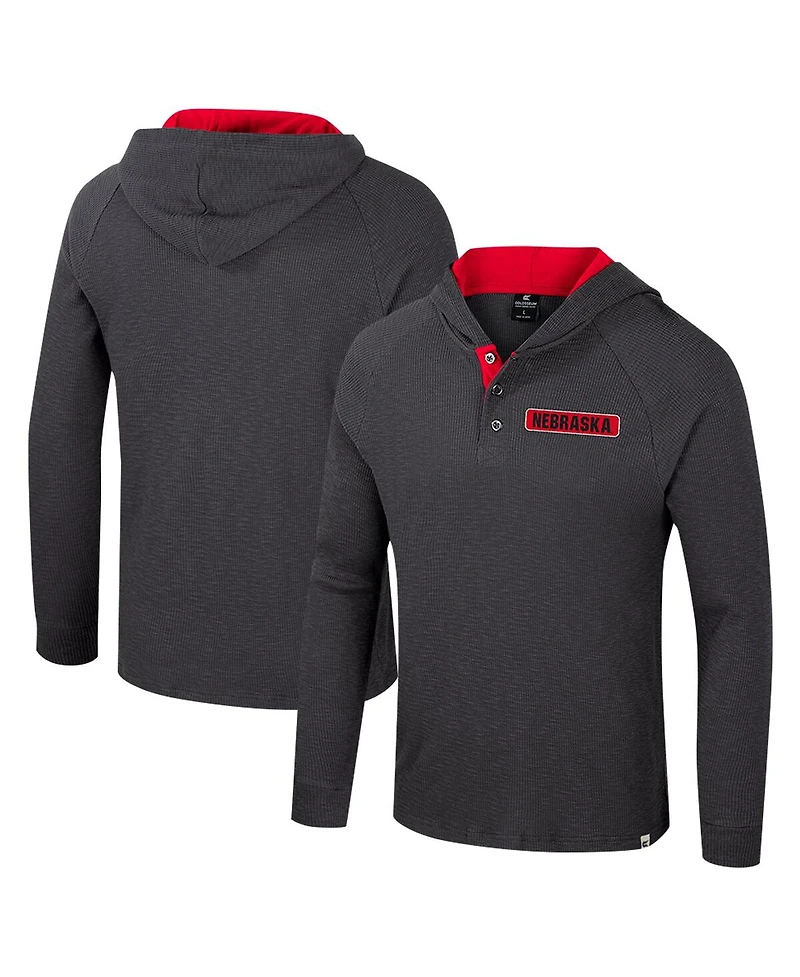 Colosseum Men's Charcoal Nebraska Huskers Dujour Ralgan Long Sleeve Henley Hoodie T-Shirt