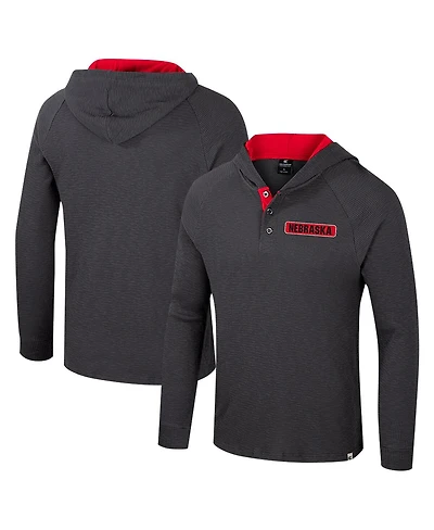 Colosseum Men's Charcoal Nebraska Huskers Dujour Ralgan Long Sleeve Henley Hoodie T-Shirt