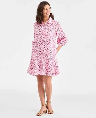 Charter Club Women's 100% Linen Tile Button-Front 3/4-Sleeve Dress, Macy's Exclusive