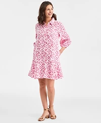 Charter Club Women's 100% Linen Tile Button-Front 3/4-Sleeve Dress, Macy's Exclusive