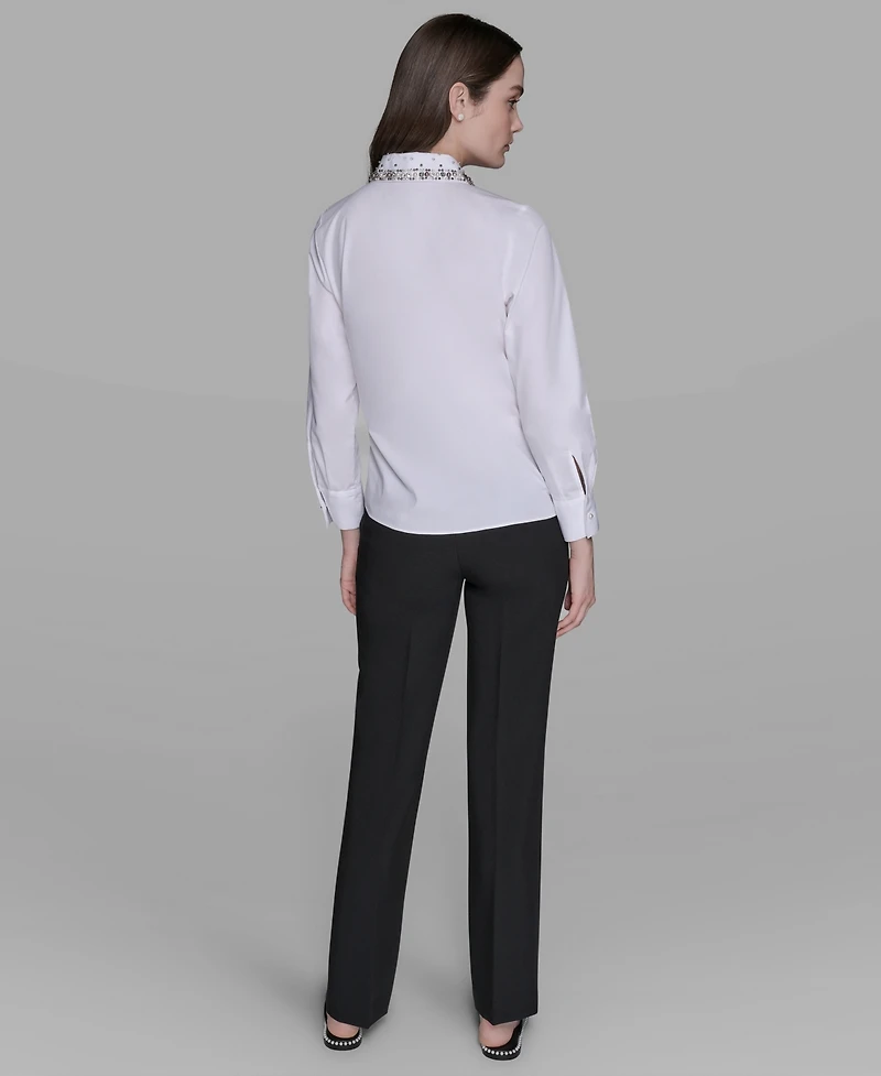 Karl Lagerfeld Paris Women's Collared Long Sleeve Embellished Top