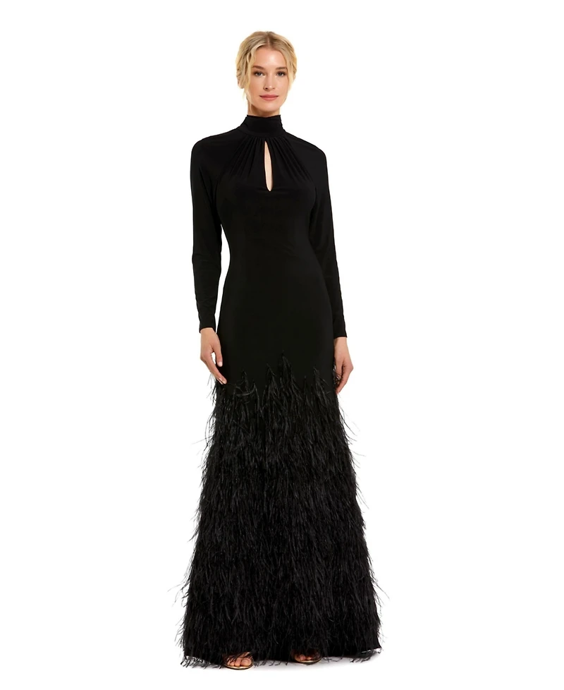 Mac Duggal Women's Jersey Long Sleeve High Neck Feather Gown