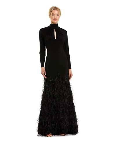 Mac Duggal Women's Jersey Long Sleeve High Neck Feather Gown
