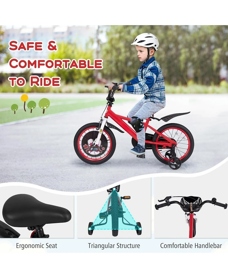 16 Inch Kids Bike with Storage Basket and Double Brake for Ages 4–8, Red