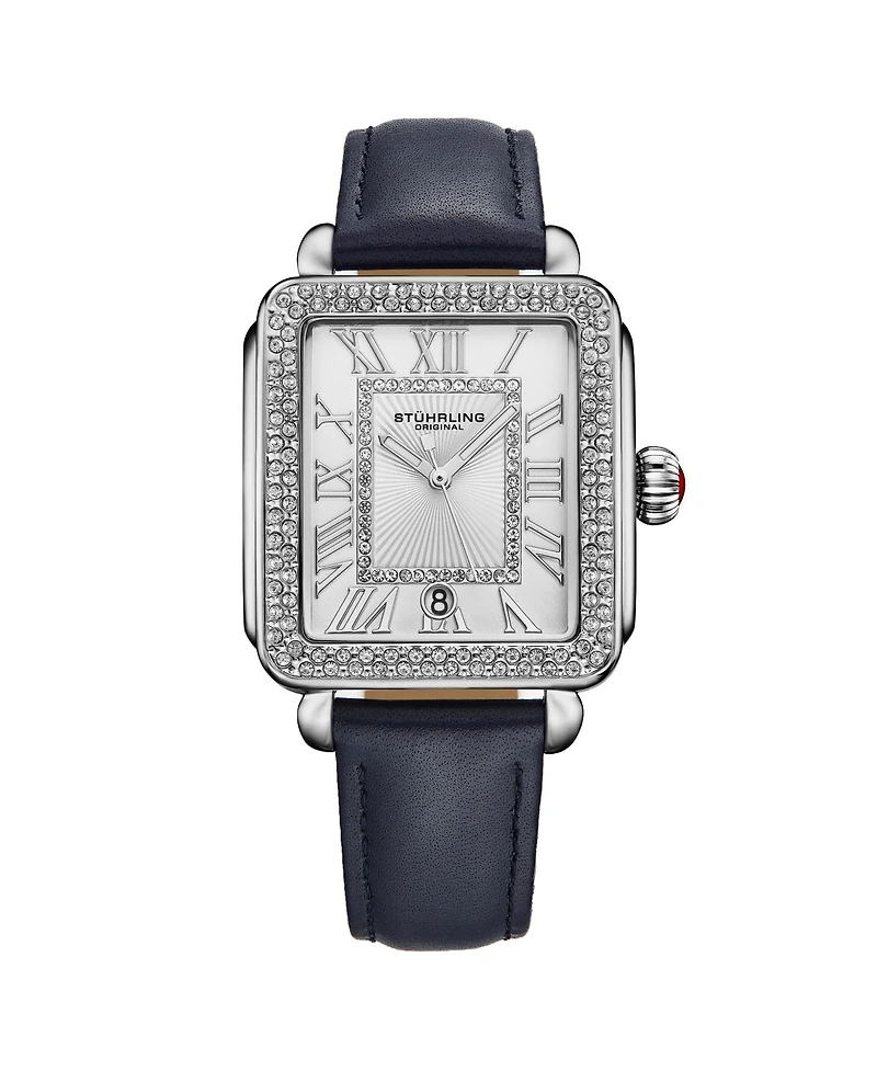 Elegant Women s Rectangular 35×47mm Dress Watch – Model 4060L.2, Silver Case, Blue Leather Strap, Crystal Bezel