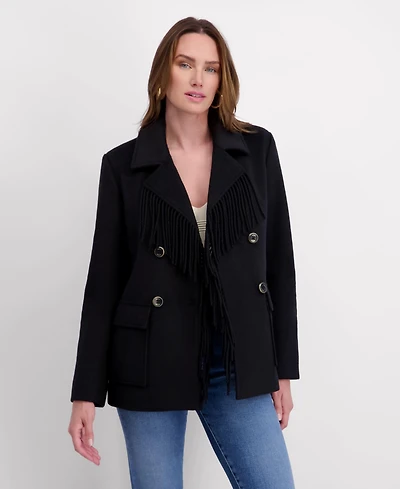 Kensie Women's Double Breasted Patch Pocket Faux Wool Jacket with Fringe