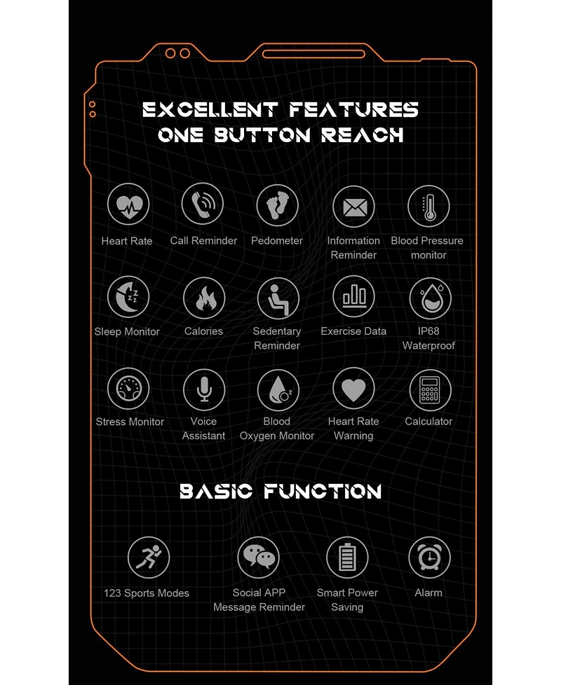 Ruxing Smart 1.83'' Bluetooth Call Heart Rate Monitoring Information Push Smart Bracelet Outdoor Sports for Women Men -Orange