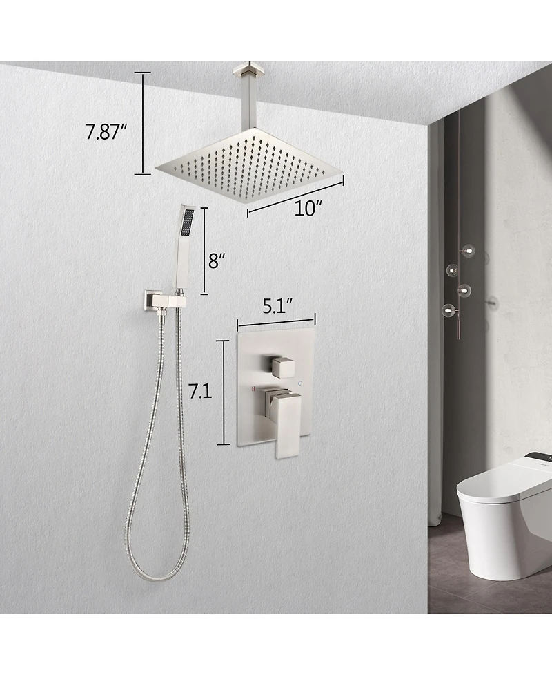 Rainsken Ceiling Mounted Shower System Combo Set with Handheld and 10"Shower head, Brushed Nickel