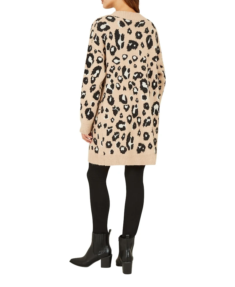 Yumi Women's leopard print Intarsia Long Cardigan