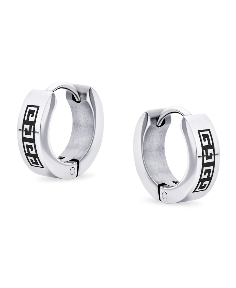 Bling Jewelry Set of 2 Greek Key Pattern Hoop Huggie Earrings Black Silver Stainless Steel