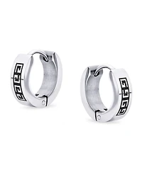 Bling Jewelry Set of 2 Greek Key Pattern Hoop Huggie Earrings Black Silver Stainless Steel