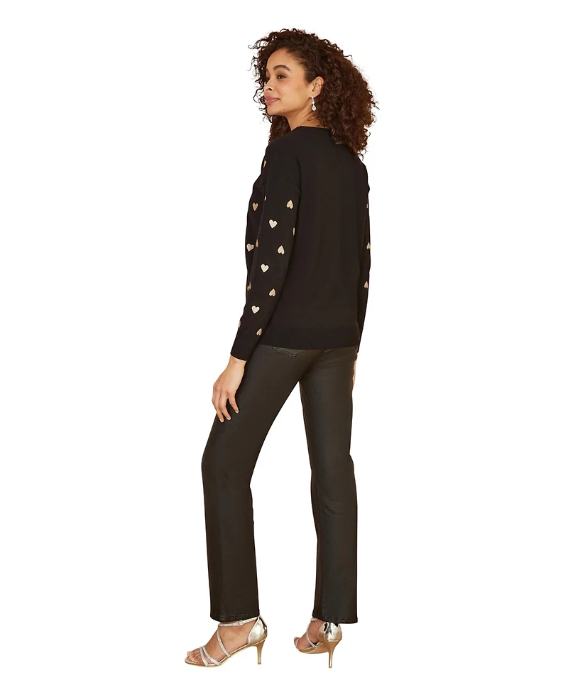 Yumi Women's Foil Heart Print Relaxed Fit Sweater