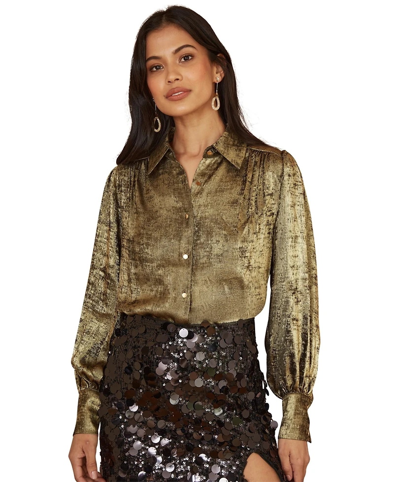 Yumi Women's Metallic Relaxed Balloon Sleeve Shirt
