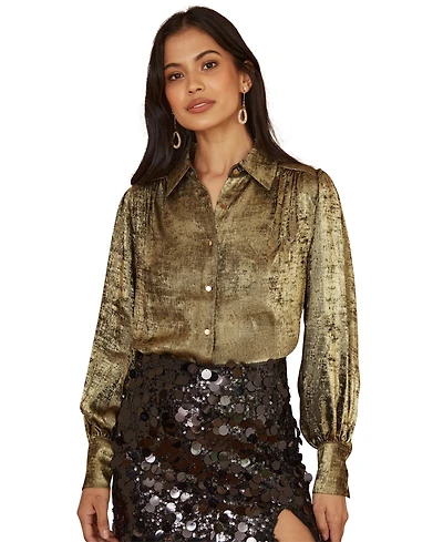 Yumi Women's Metallic Relaxed Balloon Sleeve Shirt