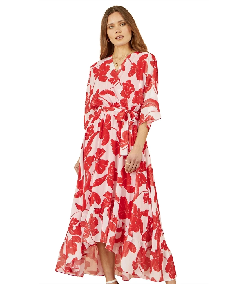Yumi Women's Kimono Sleeves Dip Hem Wrap Midi Dress