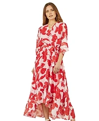 Yumi Women's Kimono Sleeves Dip Hem Wrap Midi Dress