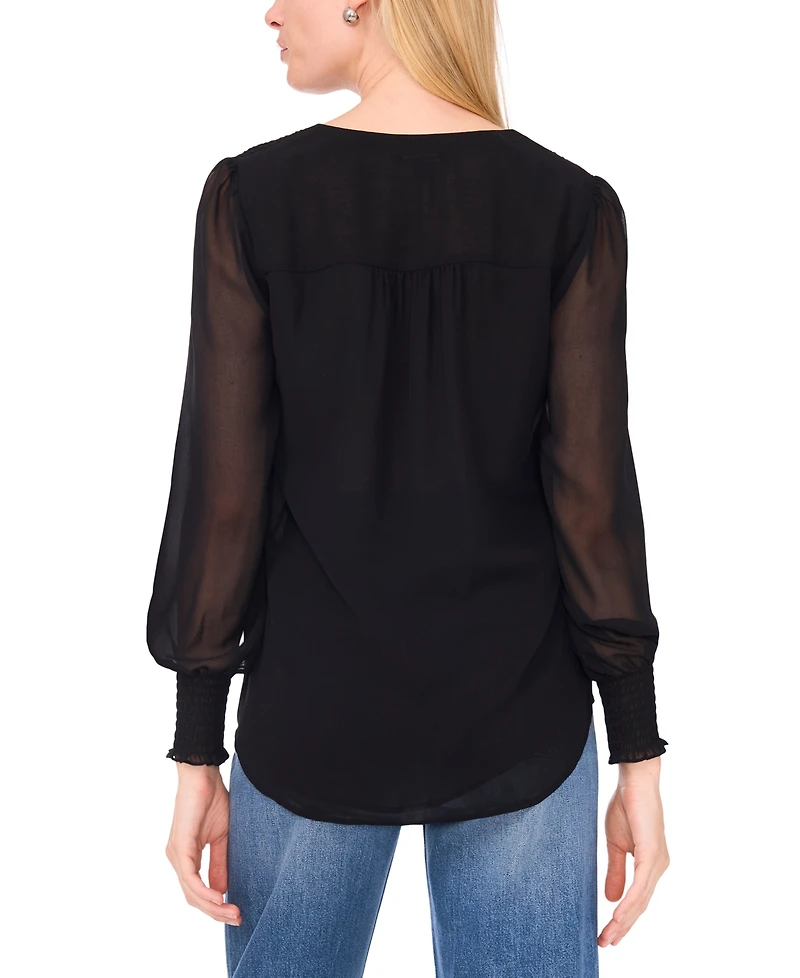 Sam & Jess Women's V-Neck Button-Front Smocked-Shoulder Top