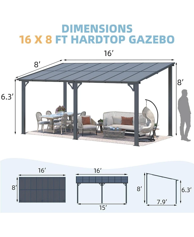 Aecojoy 16'x8' Wall Mounted Gazebos Pergola