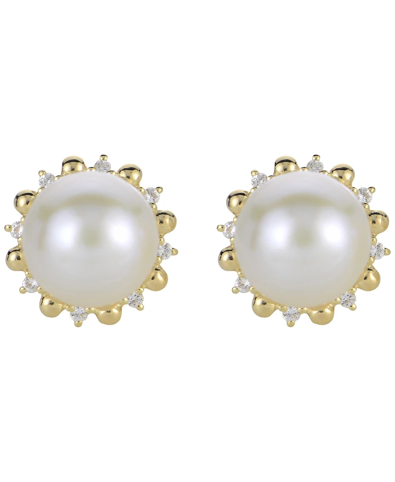 Macy's Cultured Freshwater Pearl (9.5-10mm) and Lab Created White Sapphire Earrings (0.16 ct. t.w.) in Sterling Silver with 14K Gold Plating