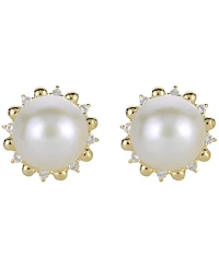 Macy's Cultured Freshwater Pearl (9.5-10mm) and Lab Created White Sapphire Earrings (0.16 ct. t.w.) in Sterling Silver with 14K Gold Plating