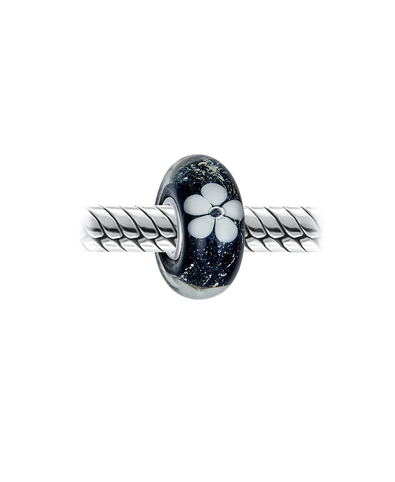 Bling Jewelry Set of 4 Black White Floral Glass Charm Bead for European Bracelets with Silver Core