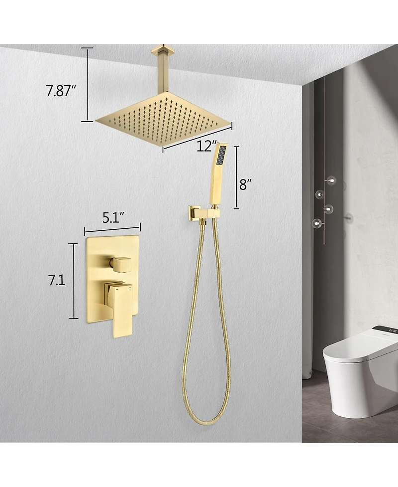Rainsken Ceiling Mounted Shower System Combo Set with Handheld and 12" Shower Head, Gold