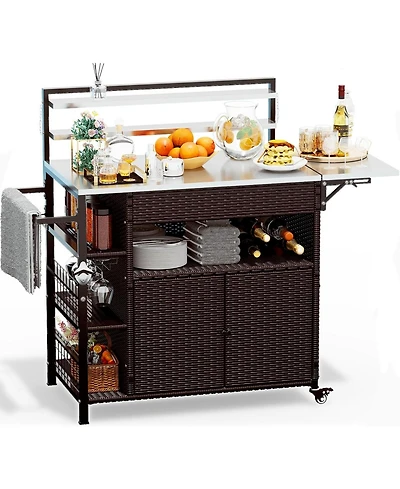 Aecojoy Upgrade Outdoor Bar Cart with Rattan Storage Cabinet