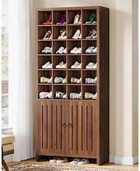 Tribesigns Tall Shoe Storage Cabinet with Doors, Farmhouse Wooden Shoe Rack with 24 Cubbies & 3 Hidden Shelves