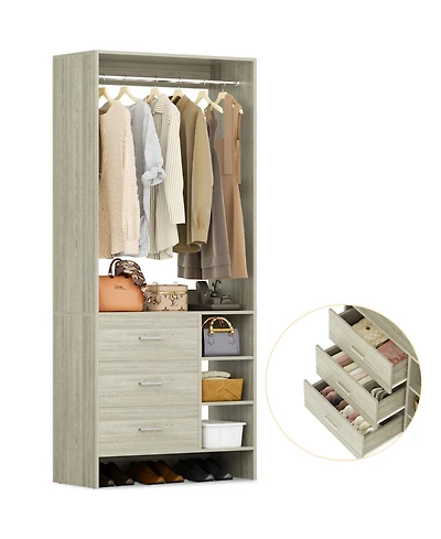 30" Freestanding Closet Organizer with Hanging Rods and Drawers, Closet System with Storage Shelves