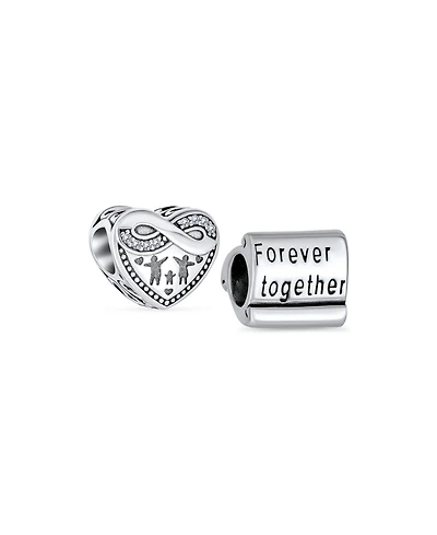 Bling Jewelry Set of 2 Cz Accent Loving Family Heart & Words Forever Together Charm Bead Wife Sterling Silver