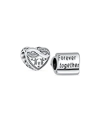 Bling Jewelry Set of 2 Cz Accent Loving Family Heart & Words Forever Together Charm Bead Wife Sterling Silver
