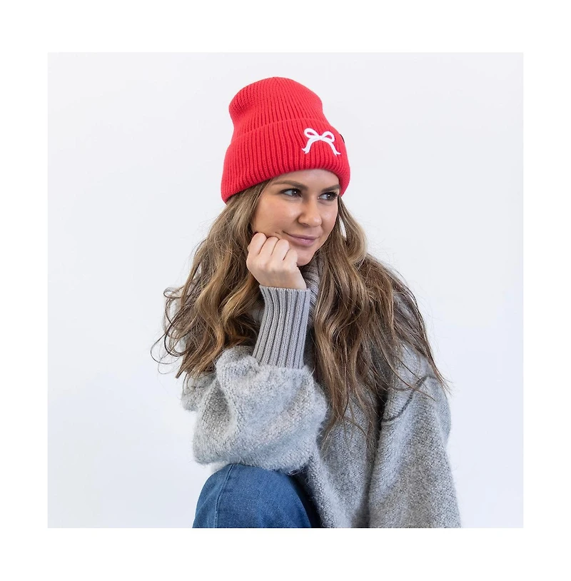 Women's Embroidered Bow Beanie - Hot Pink