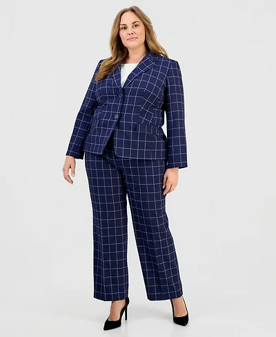 Le Suit Plus Windowpane Check Notch Collar Pantsuit