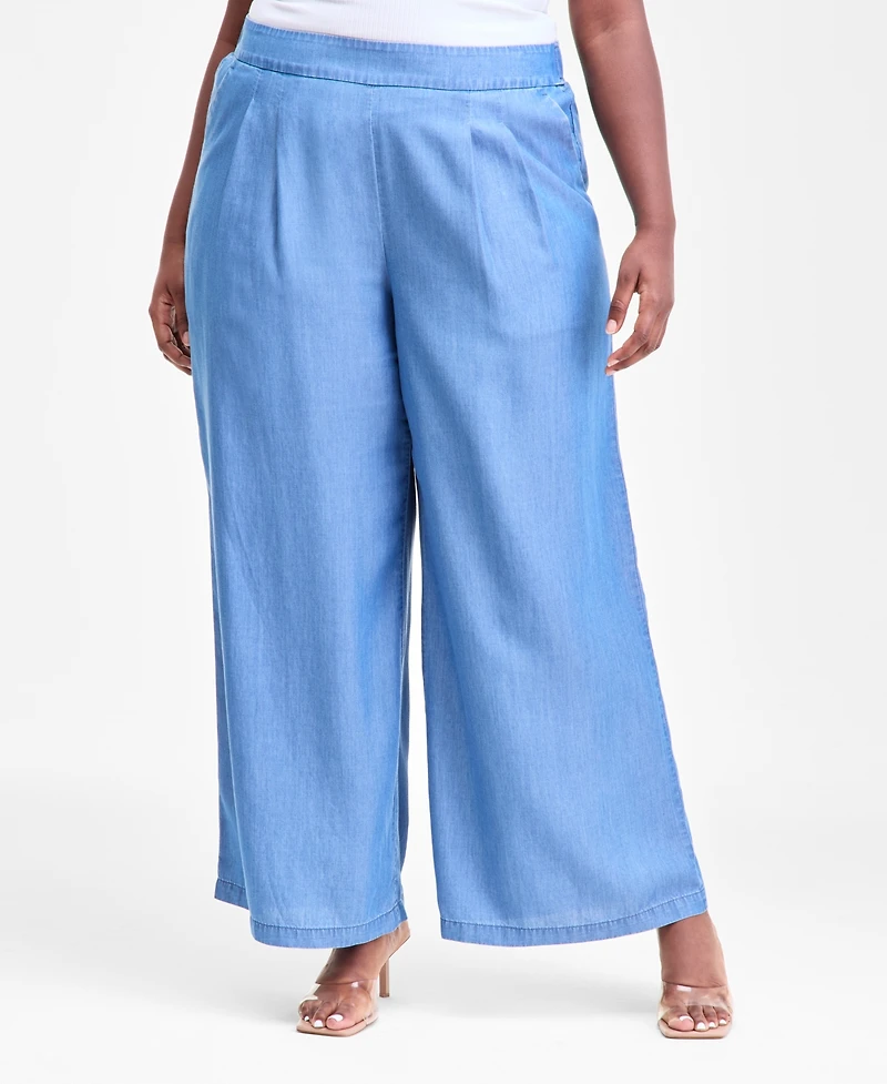 I.n.c. International Concepts Plus Pull-On Wide-Leg Chambray Pants, Macy's Exclusive