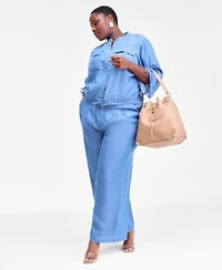I.N.C. International Concepts Plus Size Chambray Top Wide Leg Pants Earrings Macys Exclusive