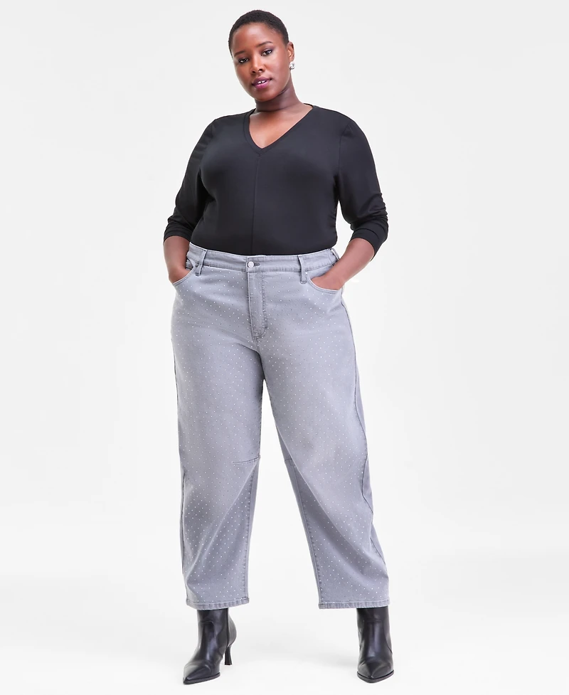 I.n.c. International Concepts Plus High Rise Rhinestone Barrel-Leg Jeans, Macy's Exclusive